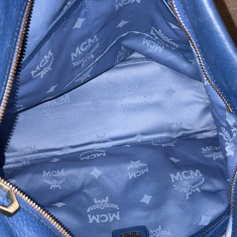 Authentic MCM Blue Leather Shoulder Hobo with Tan Strap